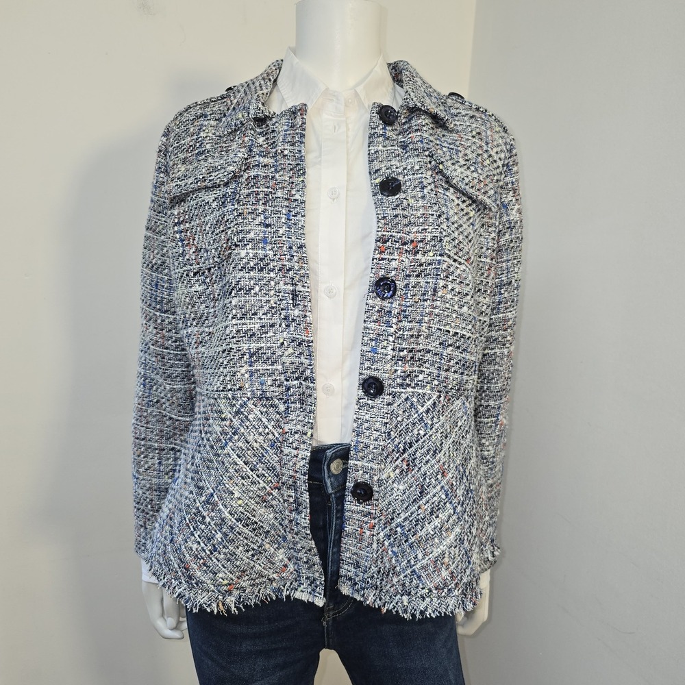 Chicos Tweed Blazer Jacket Size 2P L Petite Peplum Fringe Hem Button Front Blue